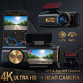 4K Car Dash cam Recorder Front + Free Rear Camera with Night Vision, Wifi and Phone App Control