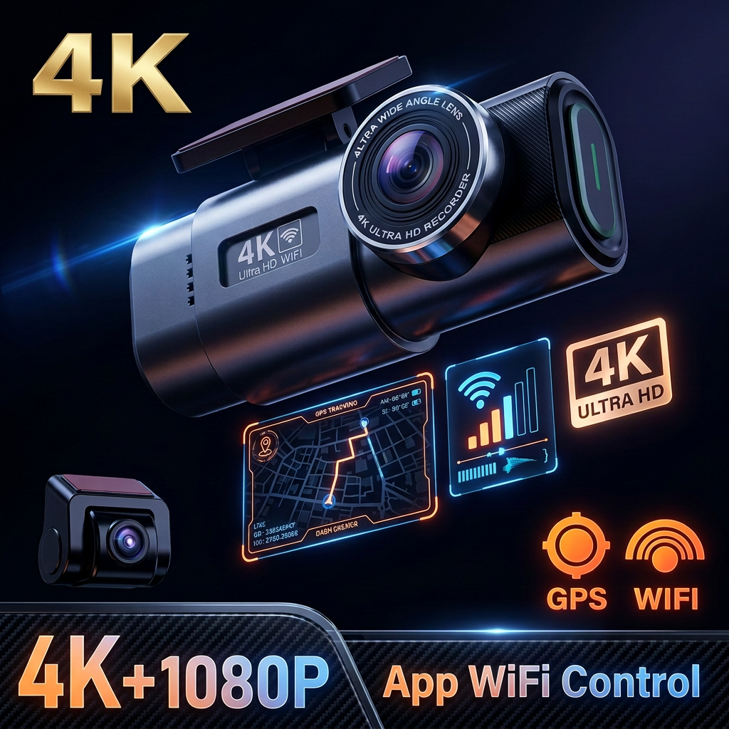 4K Car Dash cam Recorder Front + Free Rear Camera with Night Vision, Wifi and Phone App Control