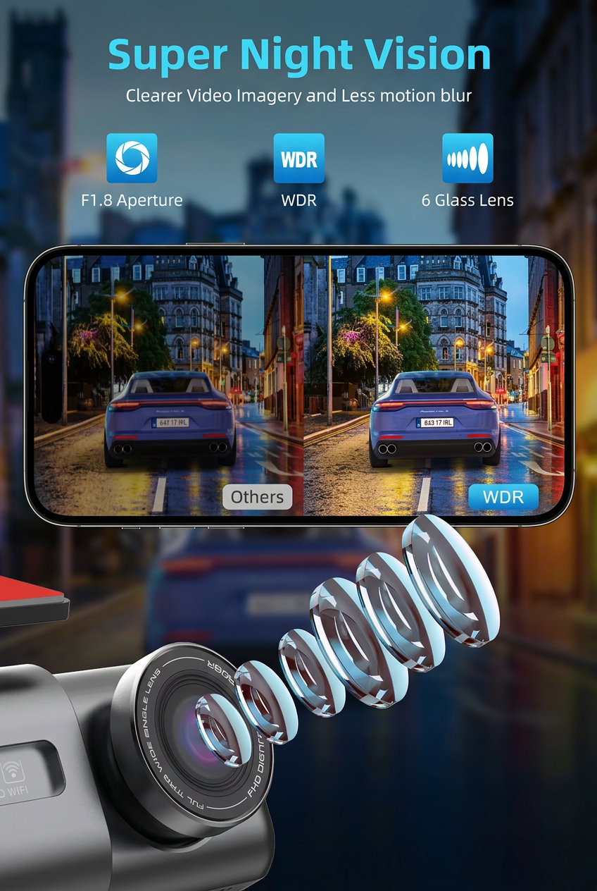 4K Car Dash cam Recorder Front + Free Rear Camera with Night Vision, Wifi and Phone App Control