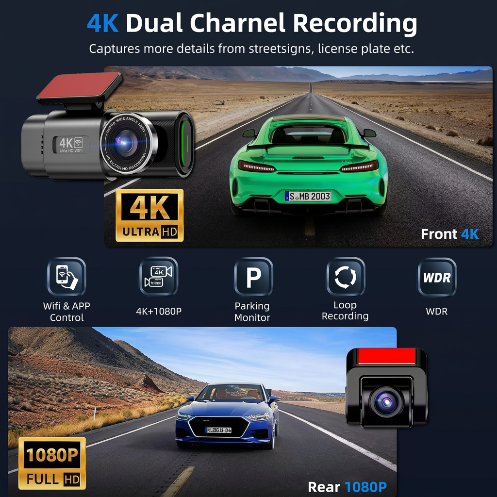 4K Car Dash cam Recorder Front + Free Rear Camera with Night Vision, Wifi and Phone App Control