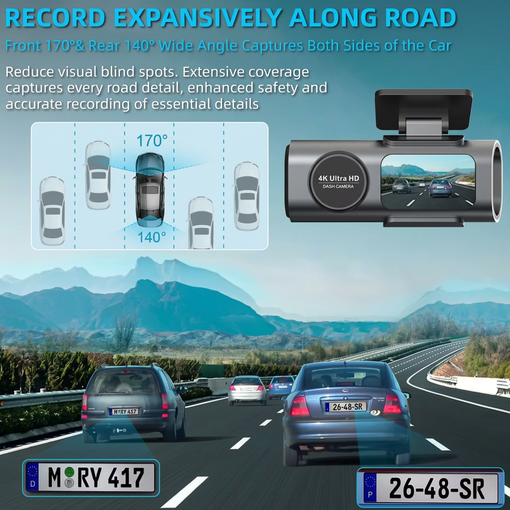 4K Car Dash cam Recorder Front + Free Rear Camera with Night Vision, Wifi and Phone App Control