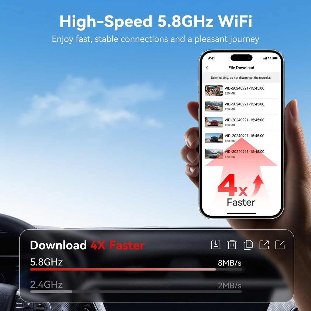 4K Car Dash cam Recorder Front + Free Rear Camera with Night Vision, Wifi and Phone App Control